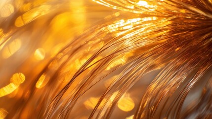 A close-up image featuring intricate strands that appear to resemble golden hair or fine fibers, illuminated by warm, glowing light that creates a soft bokeh effect in the background. The composition 