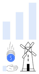 Coins falling into a hand, wind turbine representing renewable energy, and a rising bar chart symbolize sustainable investment, growth, green energy, innovation, progress, and eco-finance. Ideal