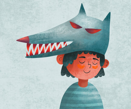 Boy wearing wolf mask smiles in playful illustration