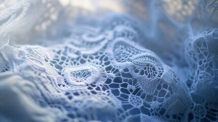 Obraz premium Close-up view of delicate white lace fabric, showcasing intricate patterns and textures. The light softly illuminates the lace, emphasizing its fine details and creating a gentle, ethereal effect. The