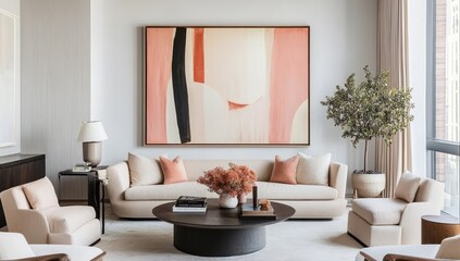 Modern, minimalist living room with large abstract art piece. Soft, neutral color palette of cream and peach.  Curved sofa, round coffee table, and accent chairs