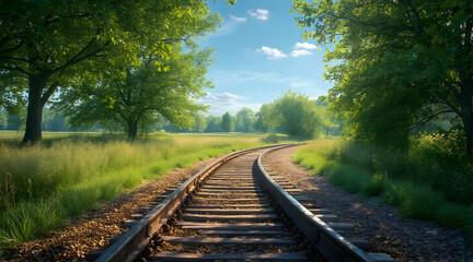 Fototapeta premium Railroad Track Through Green Meadow