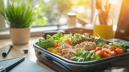 Healthy lunch tray with vegetables and protein