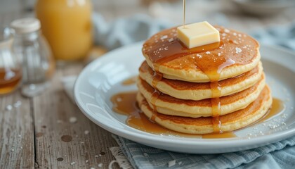 Stack of Pancakes with Butter and Syrup Drizzling Over