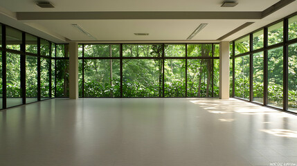Empty Modern Room With Large Windows And Green Trees