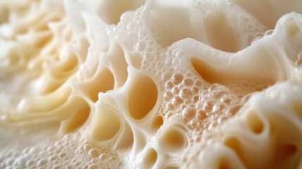 A close-up, macro shot of a textured surface resembling frothy, undulating waves. The creamy, off-white foam is interspersed with small bubbles, creating an intriguing pattern that evokes a sense of s
