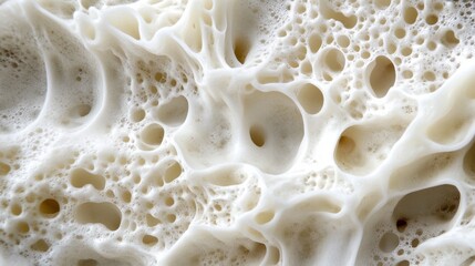 A close-up abstract image showcasing intricate textures and patterns of a porous, foam-like material. The surface features a myriad of bubbles and irregular cavities, displaying a soft, white color wi