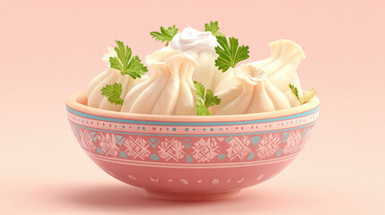 Creamy, light-colored dumplings in a decorative bowl, topped with fresh herbs and a dollop of sour cream