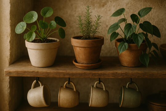 Potted green plants on wooden shelf with hanging cups in rustic setting