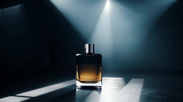 A single bottle of perfume placed under a spotlight on a black table in a dark studio room for a commercial advertisement or product shoot session
