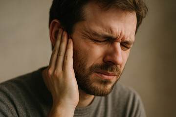 Fototapeta premium Man experiencing ear pain and discomfort, hands on ear, face showing painful expression