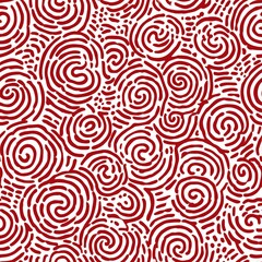 Seamless hand-drawn swirl pattern with white brushstroke spirals on a vibrant red background, ideal for abstract backgrounds, textiles, or digital design.