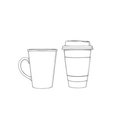 Minimalist line art of a coffee mug and a takeaway cup, side by side on a white background, symbolizing caf&eacute; culture and modern coffee consumption.