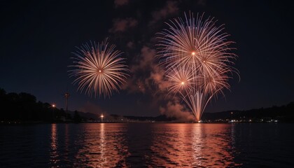 Fototapeta premium Fireworks Display Over Water Reflecting in Night Sky