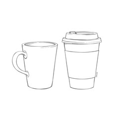 Minimalist line art of a coffee mug and a takeaway cup, side by side on a white background, symbolizing café culture and modern coffee consumption.