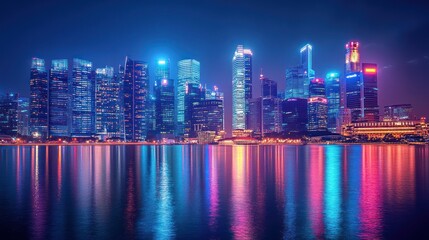 Fototapeta premium Vibrant city skyline reflected in water at night