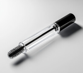 Transparent mascara tube with black cap and brush.  Clear plastic tube holds black mascara wand