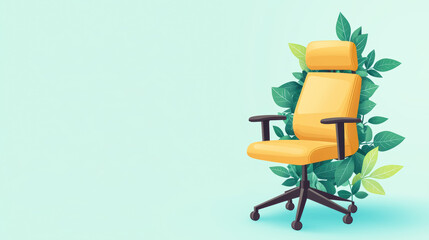 Fototapeta premium Office chair surrounded by green leaves and a pastel background.