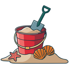 Red bucket with sand toys and starfish isolated vector illustration on white background