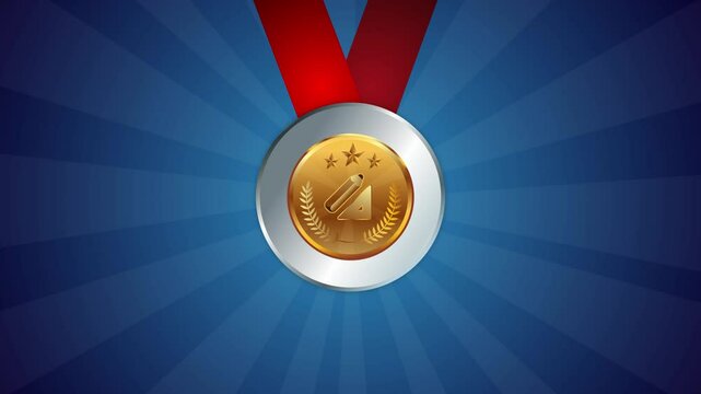 Math mathematics competition medal with ribbon animated gold medals winner champion triangle ruler and pencil symbol shine in front of blue background