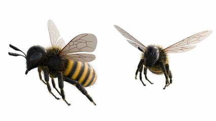 A 3d rendering of a honeybee, with its two sets of wings extended, The wings are translucent with a visible network of veins.