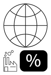 Globe with grid lines, factory emitting gases, bold percentage symbol. Ideal for economy, environment, global trade, business analytics, sustainability industrial growth climate topics. Flat simple