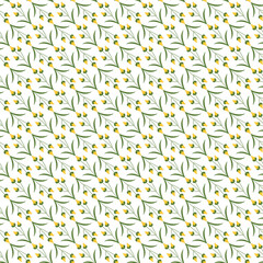Seamless Pattern with Yellow Flowers and Green Leaves on White Background