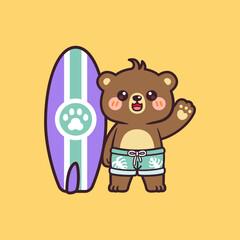 Cute Kawaii Happy Bear waving next to surfboard on the Beach Cartoon Vector Illustration Logo Mascot. Summer Animal Bear Hand Drawn Retro Flat Cartoon