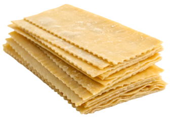 Stack of raw lasagna pasta sheets golden yellow with rough texture isolated on transparent background.
