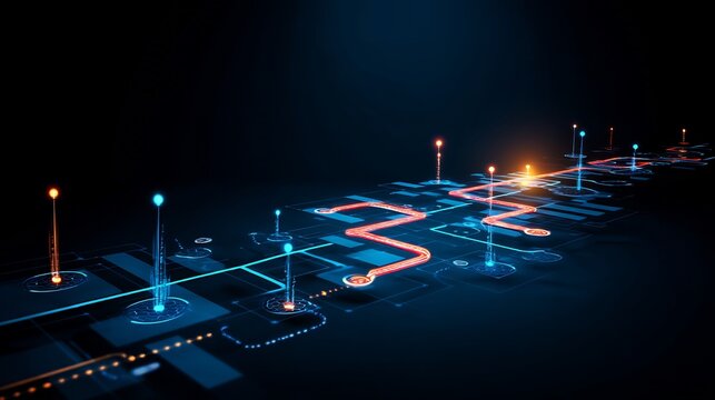 Ai projection showing roadmap to market with glowing milestones and side paths 