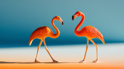 Fototapeta premium Two flamingo figurines on a vibrant surface, symbolizing elegance and simplicity in a bold color palette.