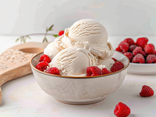 Creamy vanilla ice cream scoops in a bowl topped with fresh raspberries