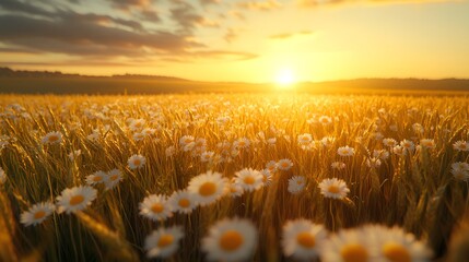Radiant Sunrise Over a Daisy-Strewn Wheat Field, Golden Hour Scenery