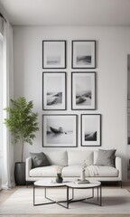 Bright modern living room with empty black frames on a white wall, minimalist aesthetic,  design,  loft