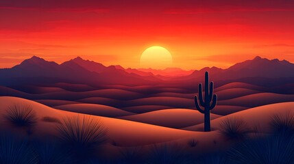 Stylized Desert Landscape at Sunset with Cactuses and Rolling Sand Dunes