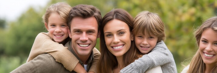 Obraz premium Happy family with children piggyback outdoors, perfect for a family portrait or a joyful moment