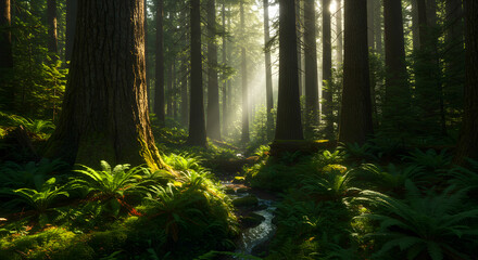 Obraz premium Lush Forest Stream with Ferns and Sunlight Filtering Through Trees