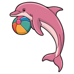 Pink dolphin playing with ball isolated vector illustration on white background
