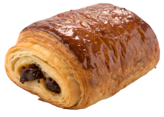 Golden-brown pain au chocolat with flaky layers and a glossy crust, chocolate filling barely visible at the edge isolated on transparent background.

