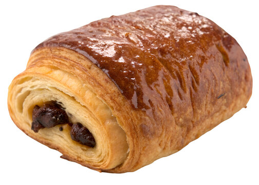 Golden-brown pain au chocolat with flaky layers and a glossy crust, chocolate filling barely visible at the edge isolated on transparent background.
