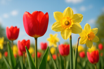 Obraz premium Vibrant red tulips and yellow daffodils blooming in a sunlit spring garden