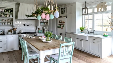 Fototapeta premium Farmhouse Easter Kitchen Decor Pastel Eggs - Farmhouse style