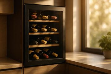 Modern wine cooler with bottles in sunlit kitchen interior