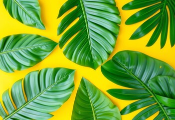 Naklejka premium Vibrant green tropical leaves arranged on a sunny yellow backdrop, gold, leaves