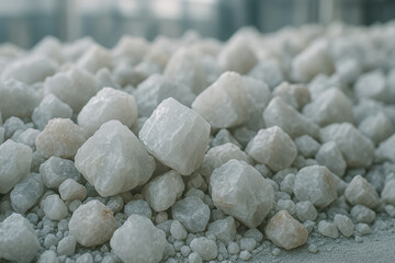 Close up of raw white quartz crystal stones on industrial background