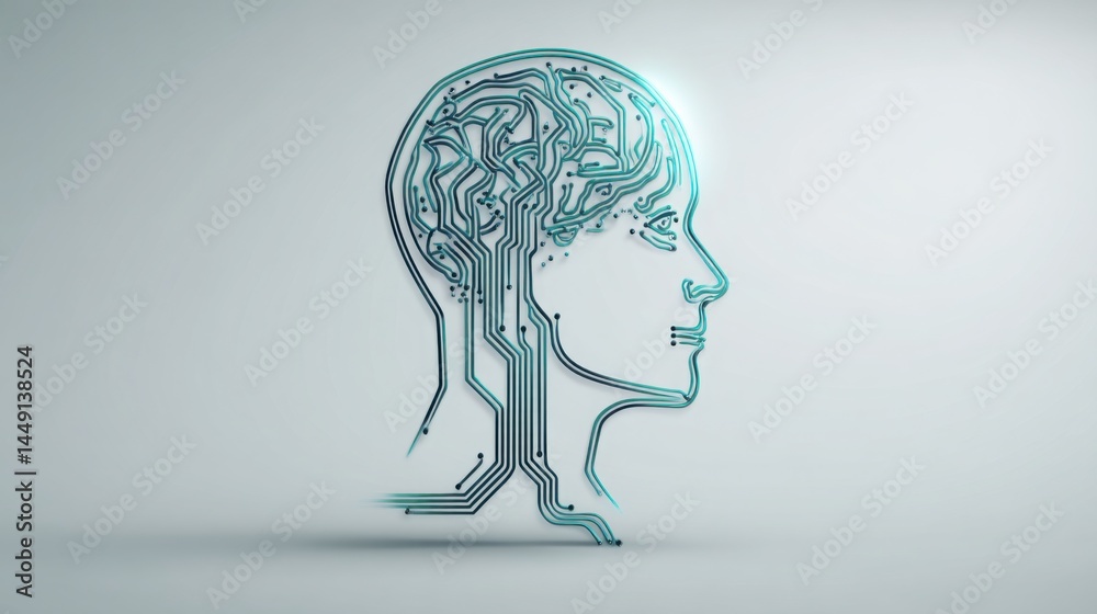 Poster human head with circuitry forming a brain illustrating the concept of ai-driven insights and machine