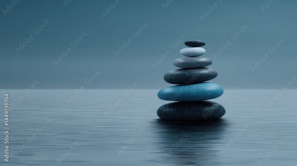 Poster balanced stack of rocks in water symbolizing algorithmic stillness and calmness in automated systems