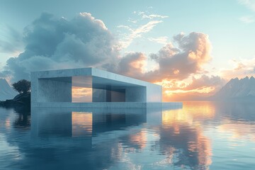 Glass podium floating on water with panoramic ocean view, geometric transparent structure, and surreal atmosphere combining nature and modern design.