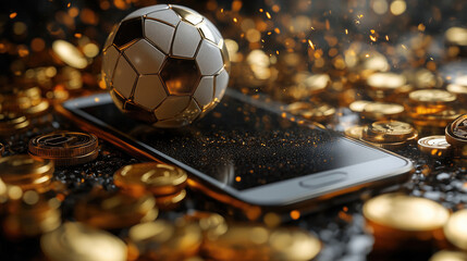 Soccer ball, phone, and coins; digital sports betting