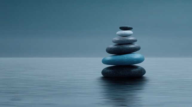 Balanced stack of rocks in water symbolizing algorithmic stillness and calmness in automated systems and nature